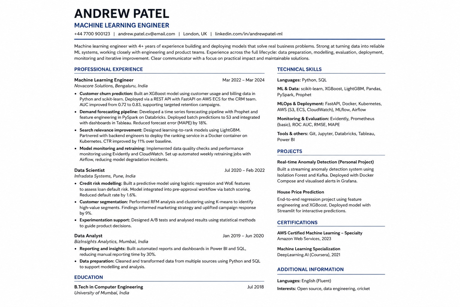 A one-page fictional machine learning engineer CV laid out in a clean UK-friendly format with concise experience bullets, technical skills, and education.