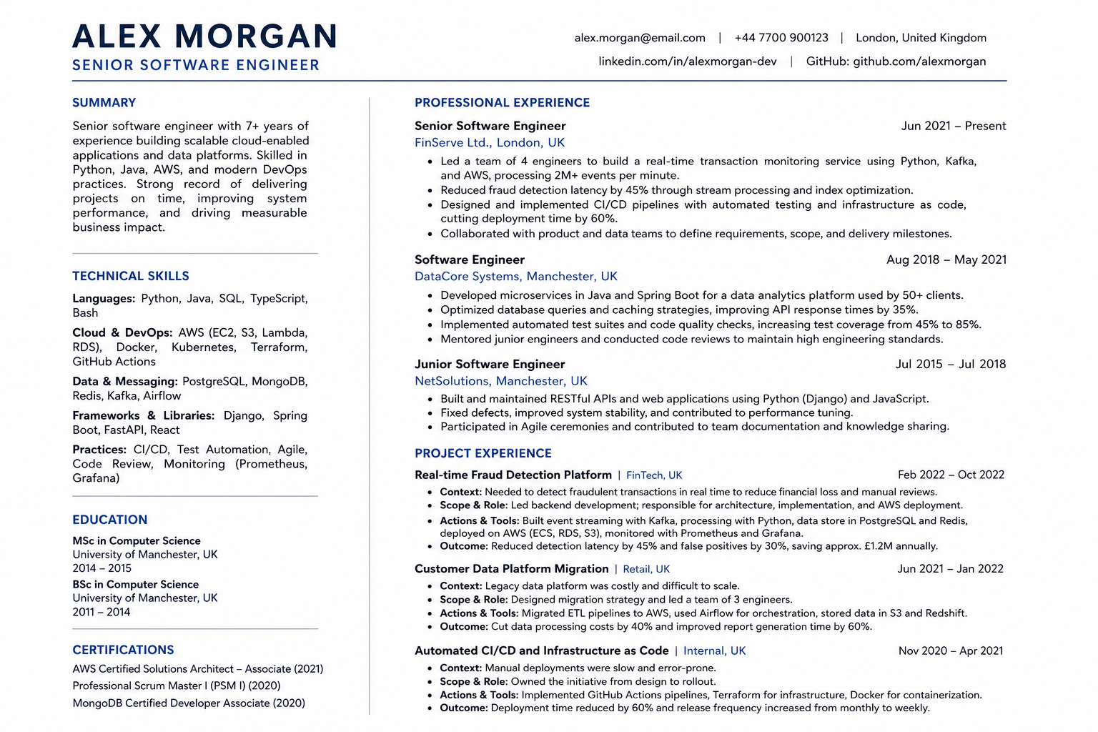 A realistic one-page CV for a fictional high-tech candidate with a clearly separated Projects section and concise achievement bullets.