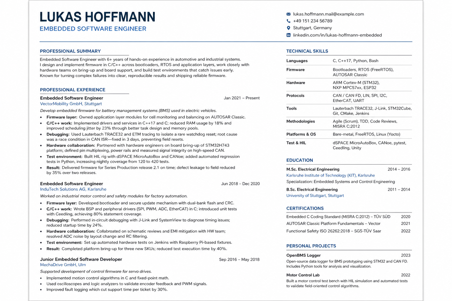 A one-page resume for a fictional embedded software engineer highlighting firmware scope, C and C++ work, debugging, and hardware collaboration.