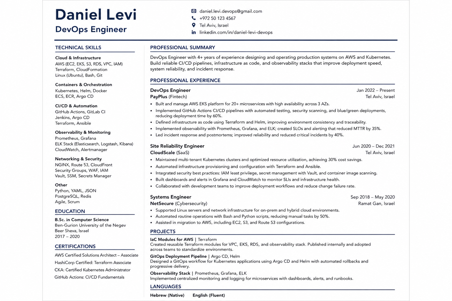 A one-page fictional DevOps resume with a clear headline, concise summary, grouped technical skills, and production-focused experience.