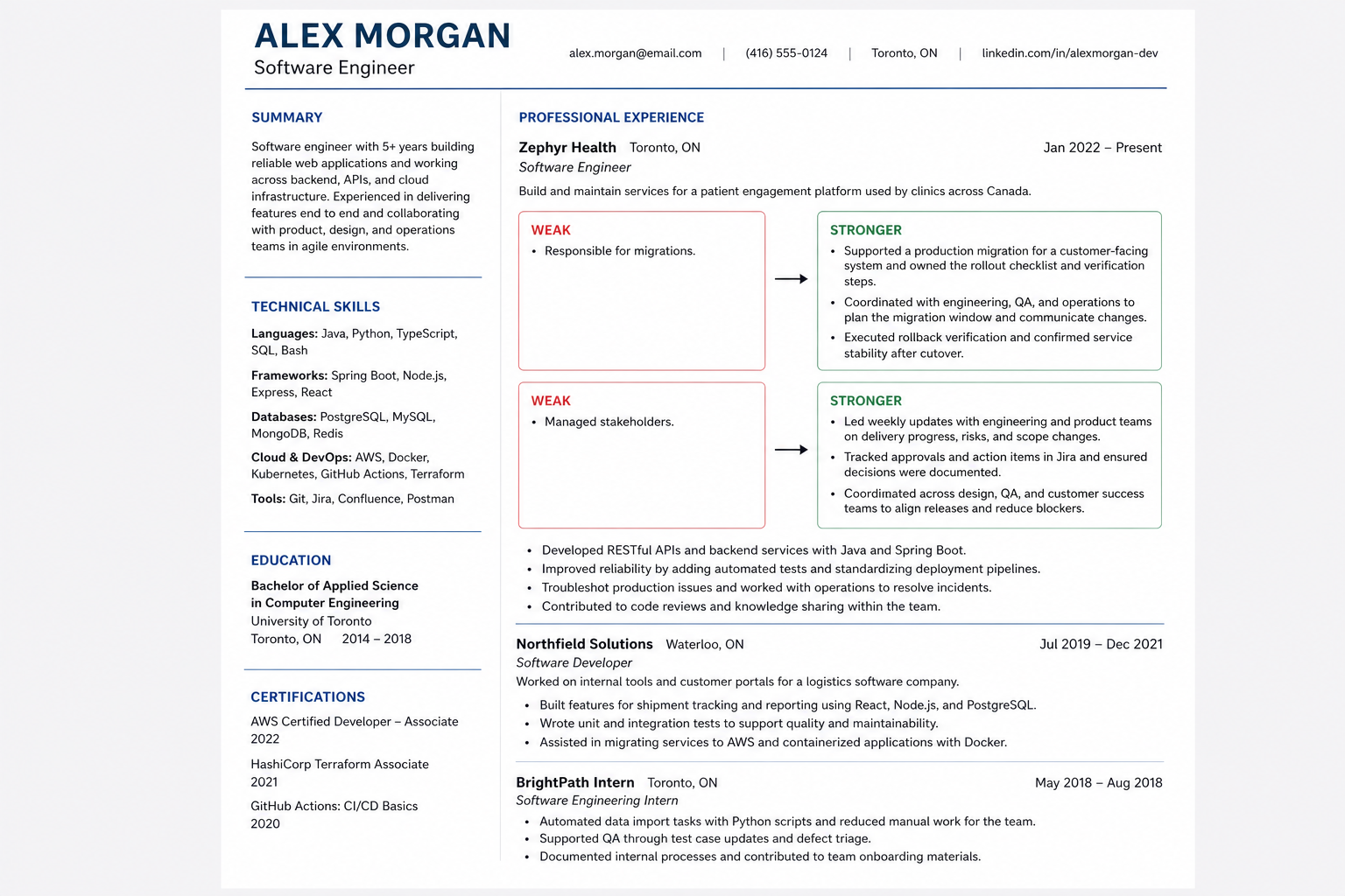 A one-page fictional resume showing experience bullets rewritten from a vague duty into a more specific evidence-based bullet.