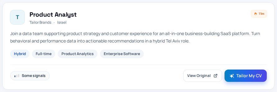 The Jobs page shows vacancy cards with filters, sorting, View Original, and Tailor My CV so you can move from discovery to tailoring