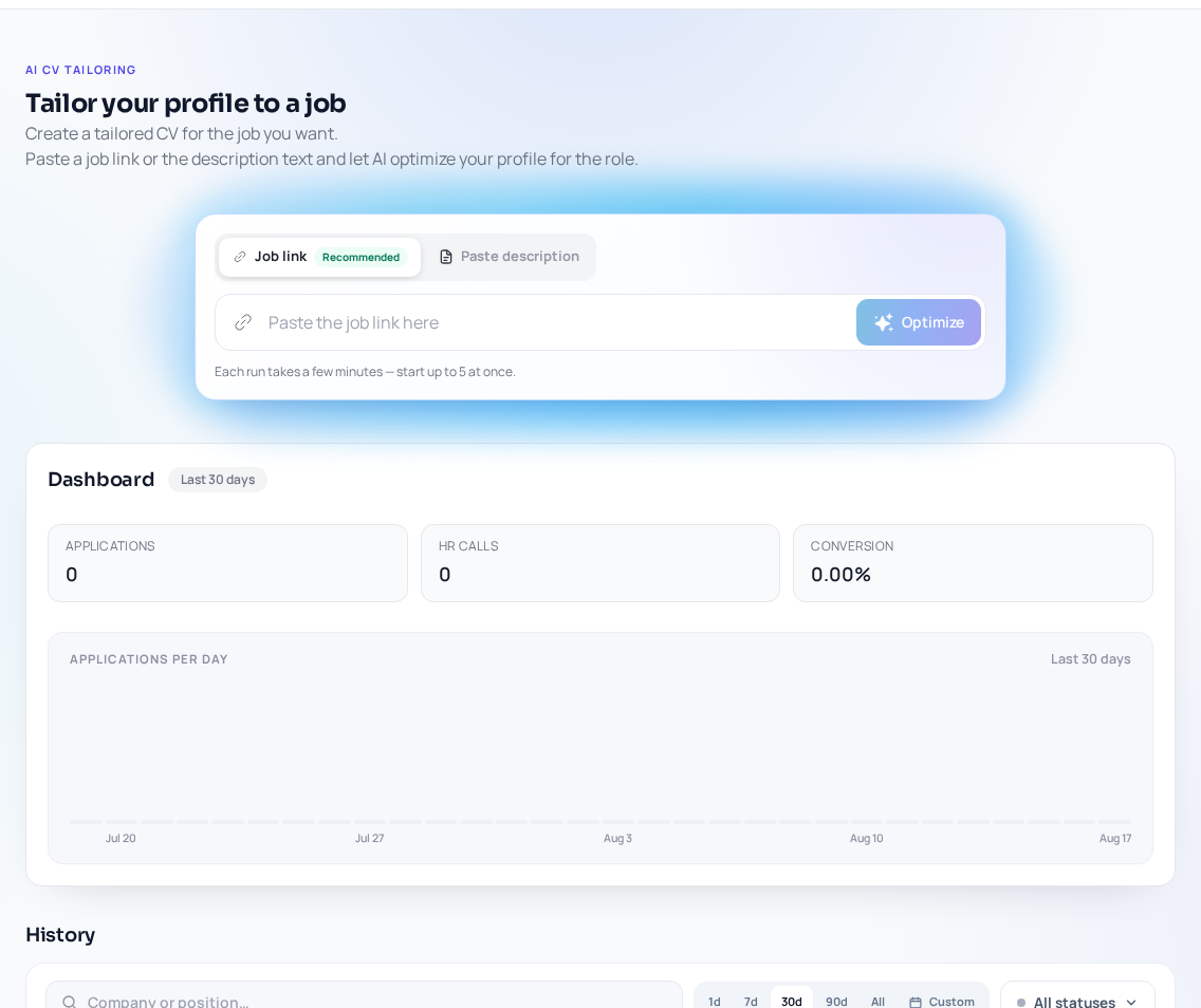 The Job Tailoring page shows where a real job input starts the optimization workflow
