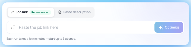 The Job Tailoring page shows job link and pasted description inputs, which is why tailoring can start from the real vacancy