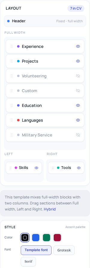 Profile controls for template and presentation settings, where font and color choices shape readability
