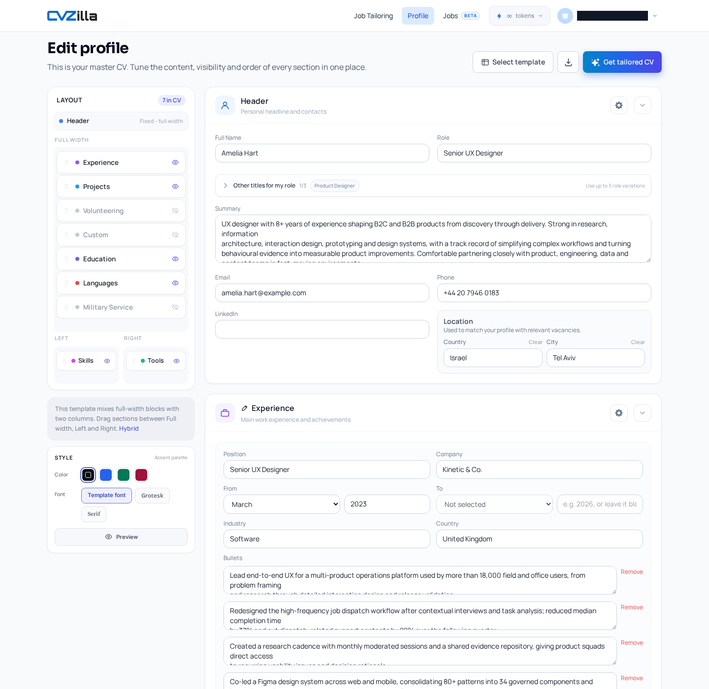 Profile is the master CV workspace where template and presentation choices are reviewed
