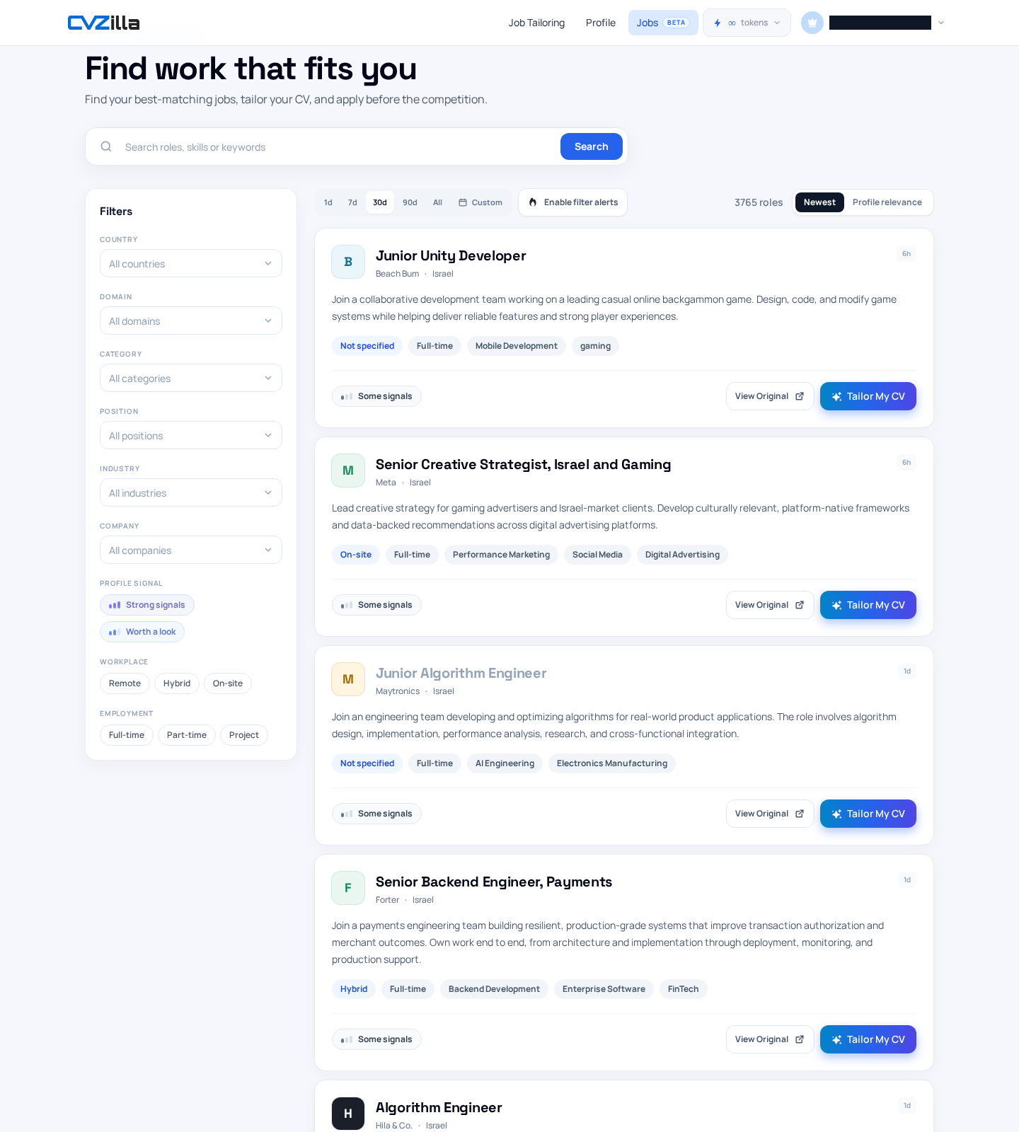 A broad search starts the job-finding workflow before filtering narrows the list