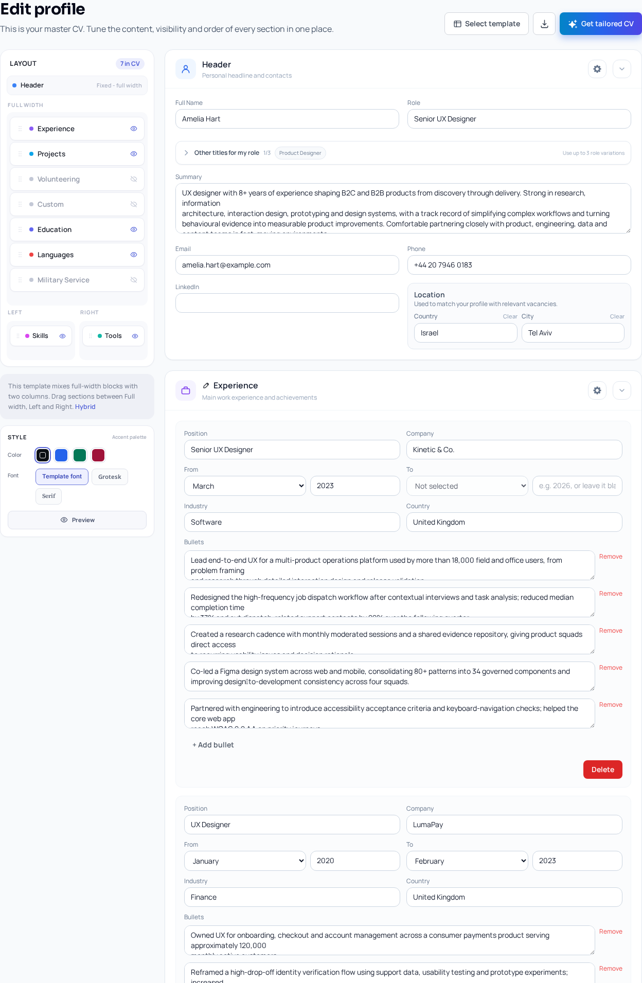 The Profile page shows the master CV area where imported content becomes the reusable starting point.