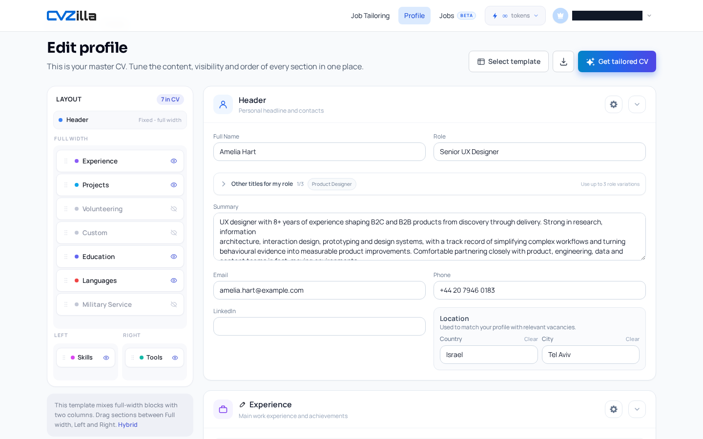 Profile shows the master CV workspace, where the final visual check starts before export