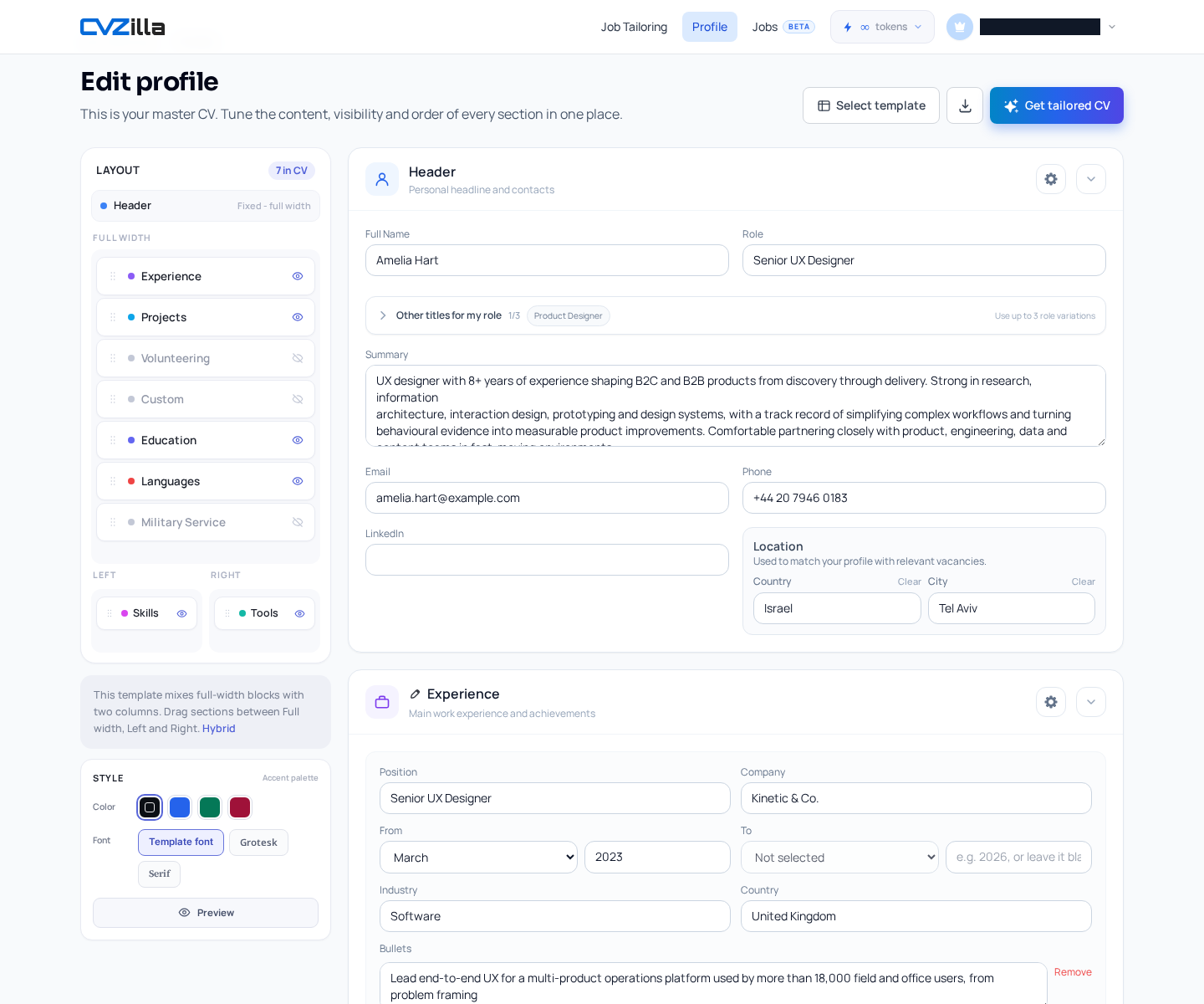 The master Profile editor keeps one current career history in a single place before tailoring begins
