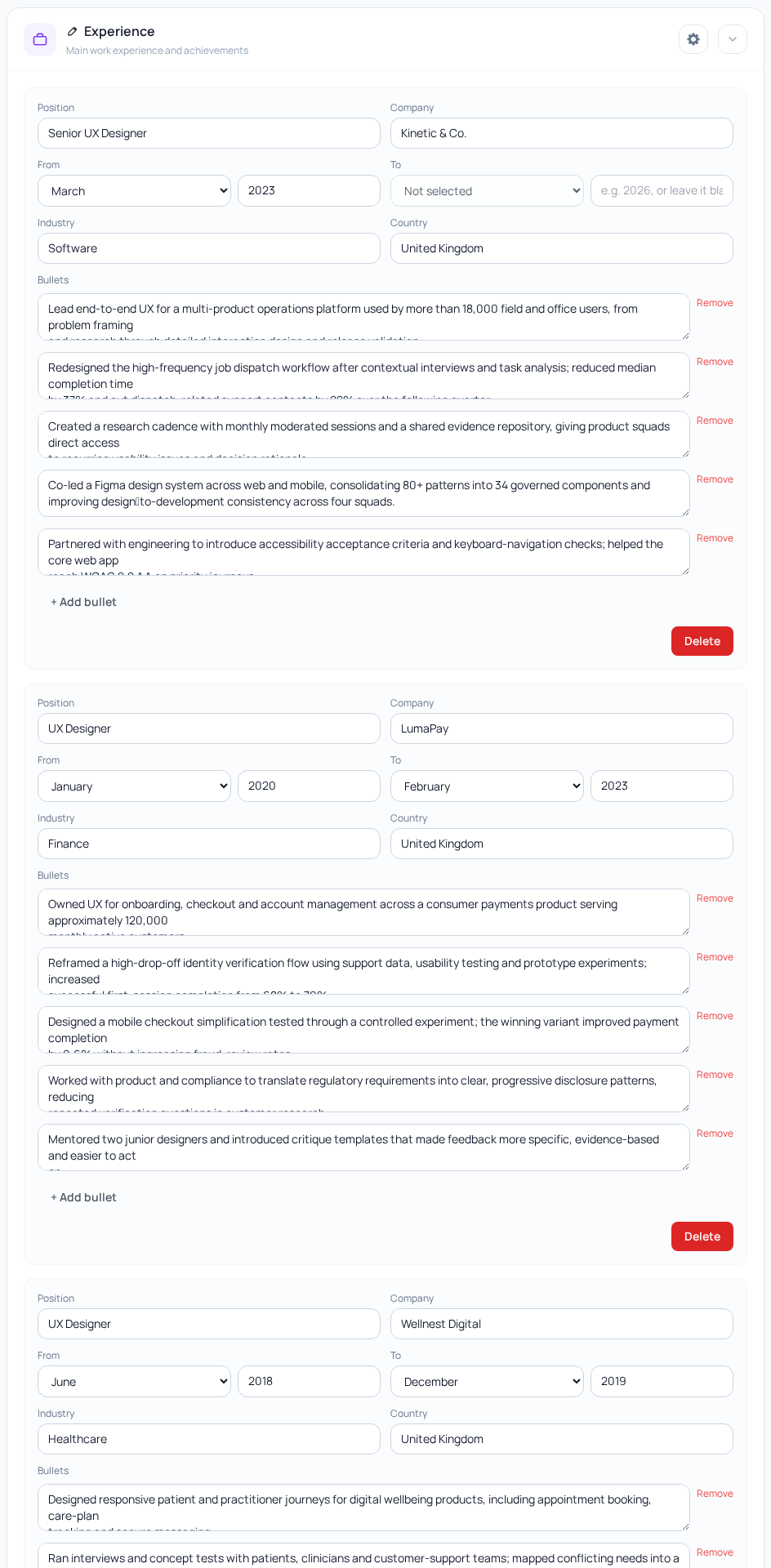The Profile experience section shows where the factual bullets live before they are adapted for a remote product manager CV