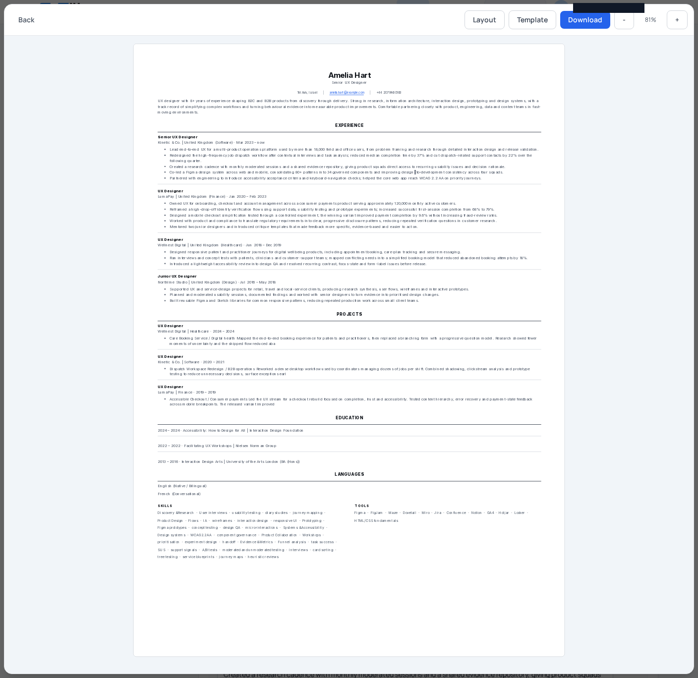 Profile preview shows the master CV source document, along with the controls you check before tailoring or exporting