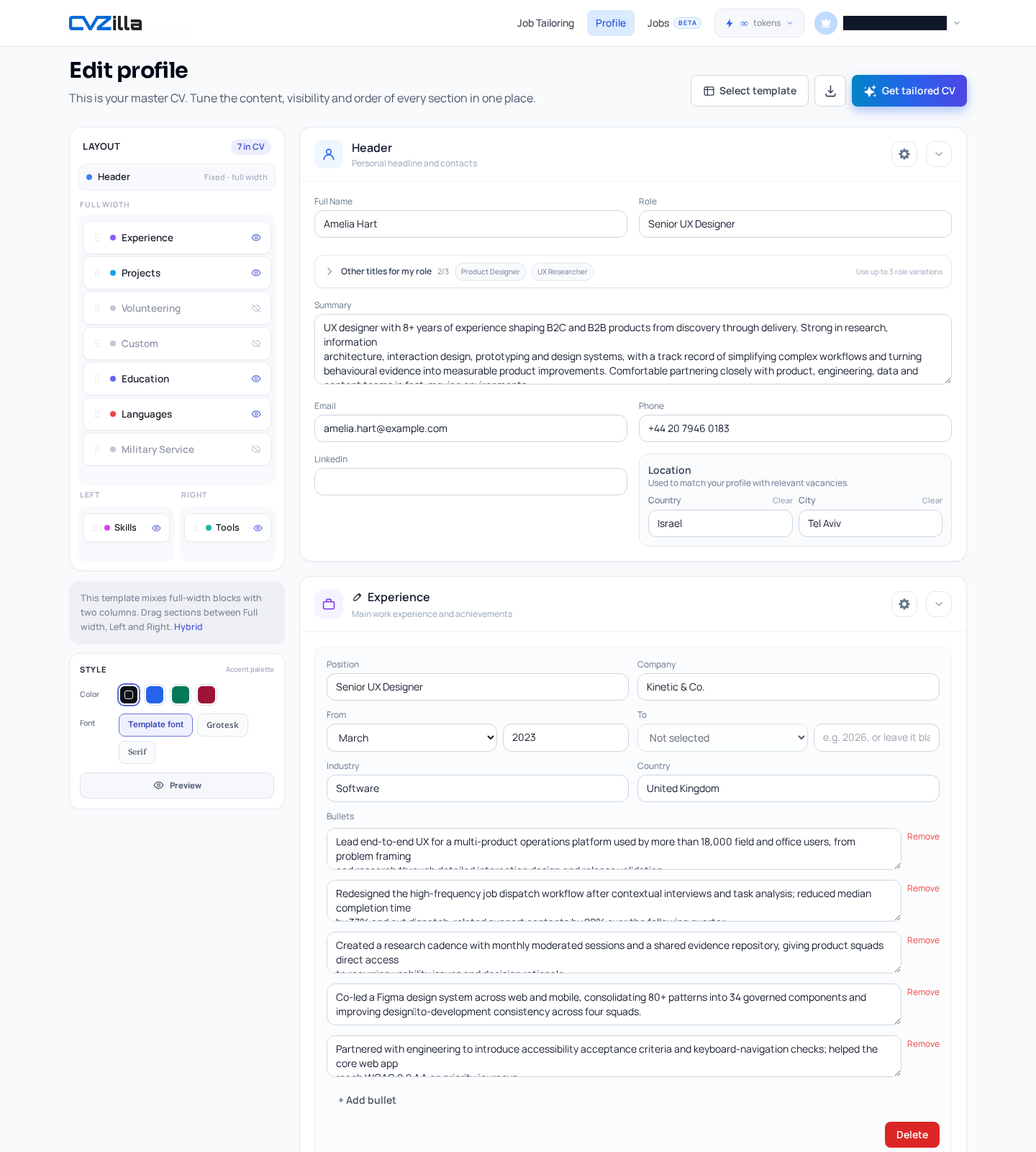 The master Profile page acts as the reusable source record before any UK-specific tailoring begins