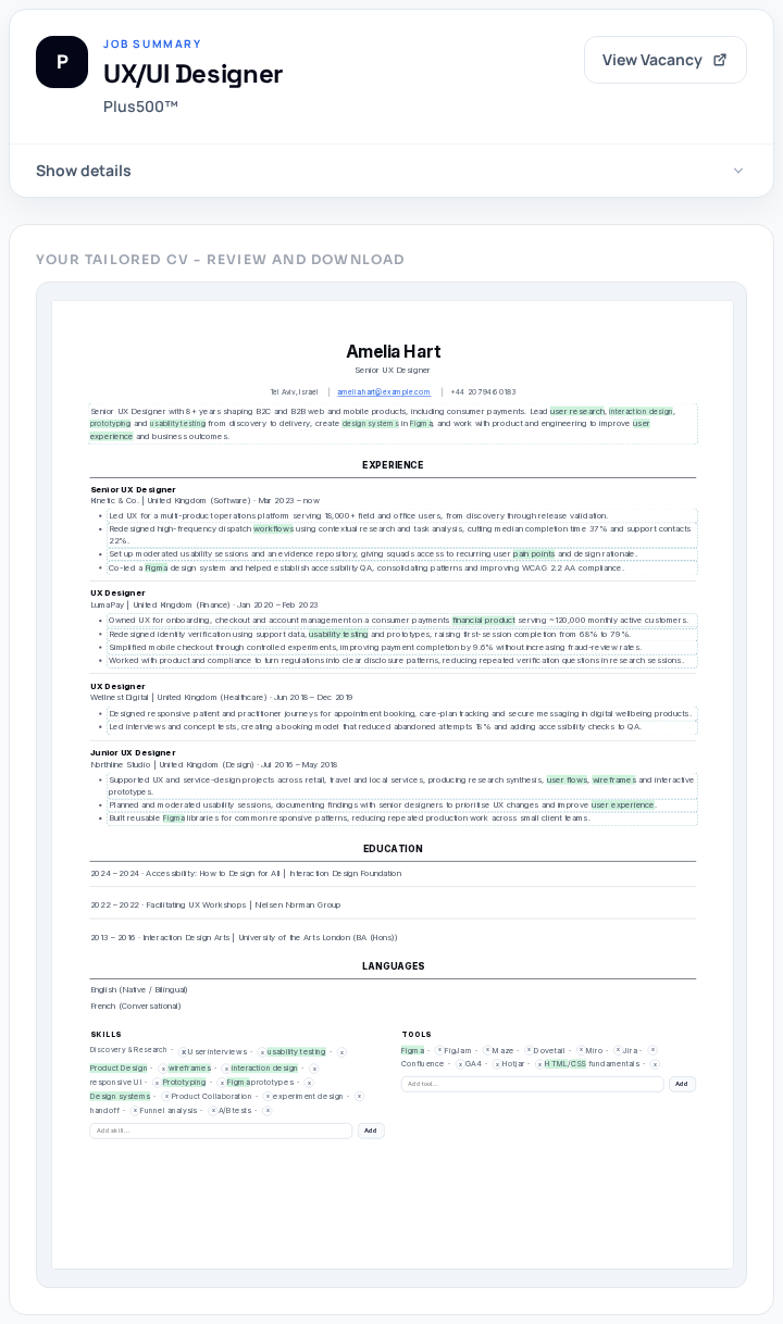 The requirements view shows how a real vacancy can be checked before tailoring an embedded CV, which helps the reader focus on evidence rather than keywords.