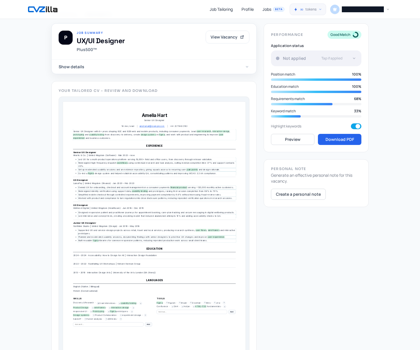 The tailored CV editor is open in edit mode so the reader can see where summary, experience, skills, tools, and education are corrected before applying