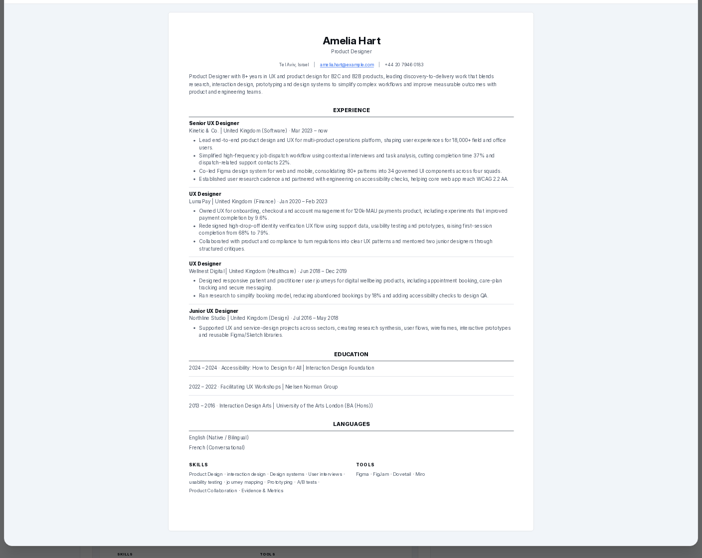 The preview shows the rendered CV and layout controls so you can confirm fit, readability, and presentation before download