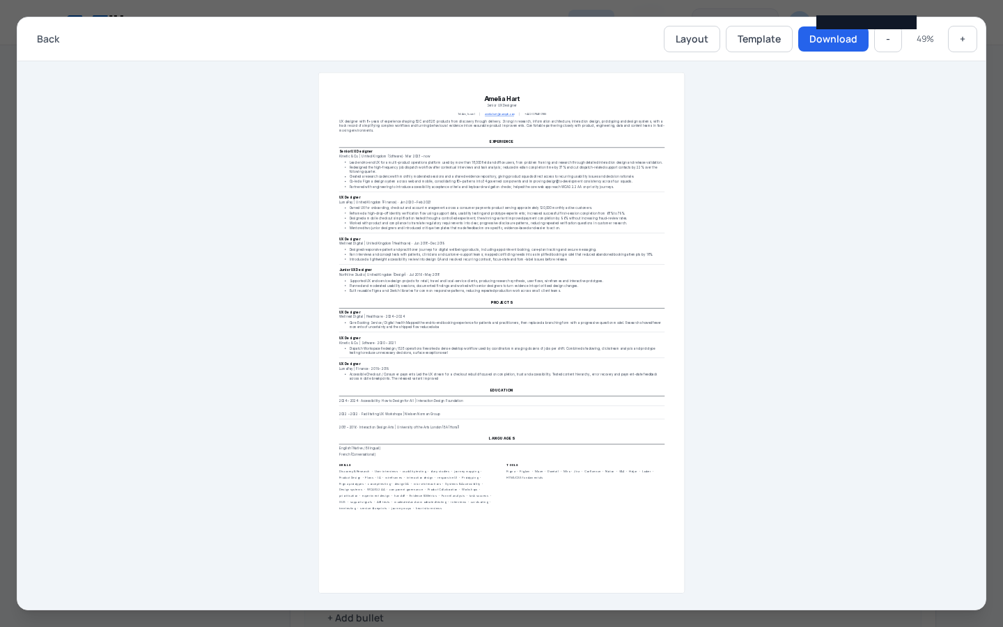 The rendered CV preview, used to judge whether font and color choices still scan clearly
