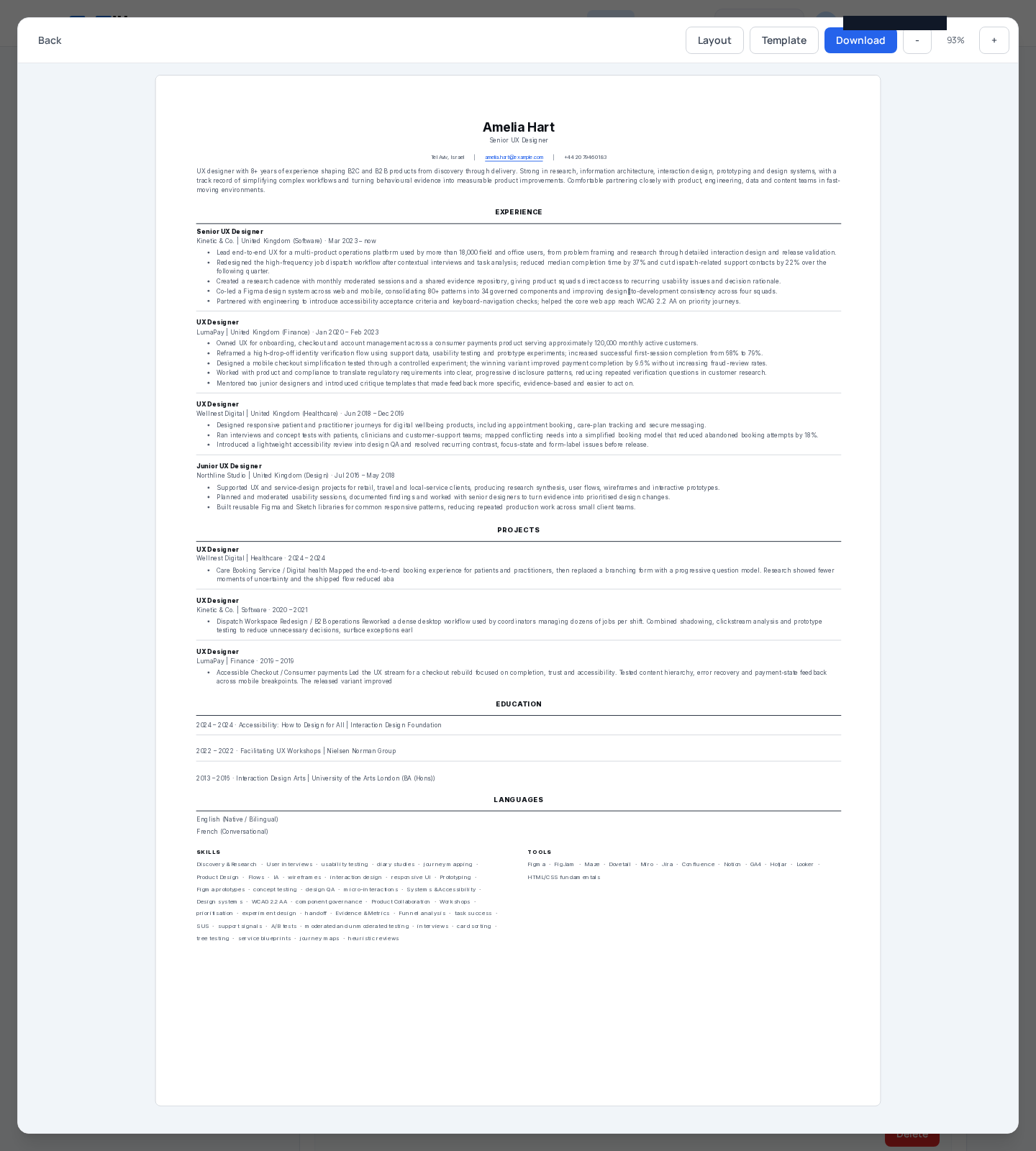 The preview workspace shows the rendered CV so you can judge readability before applying it