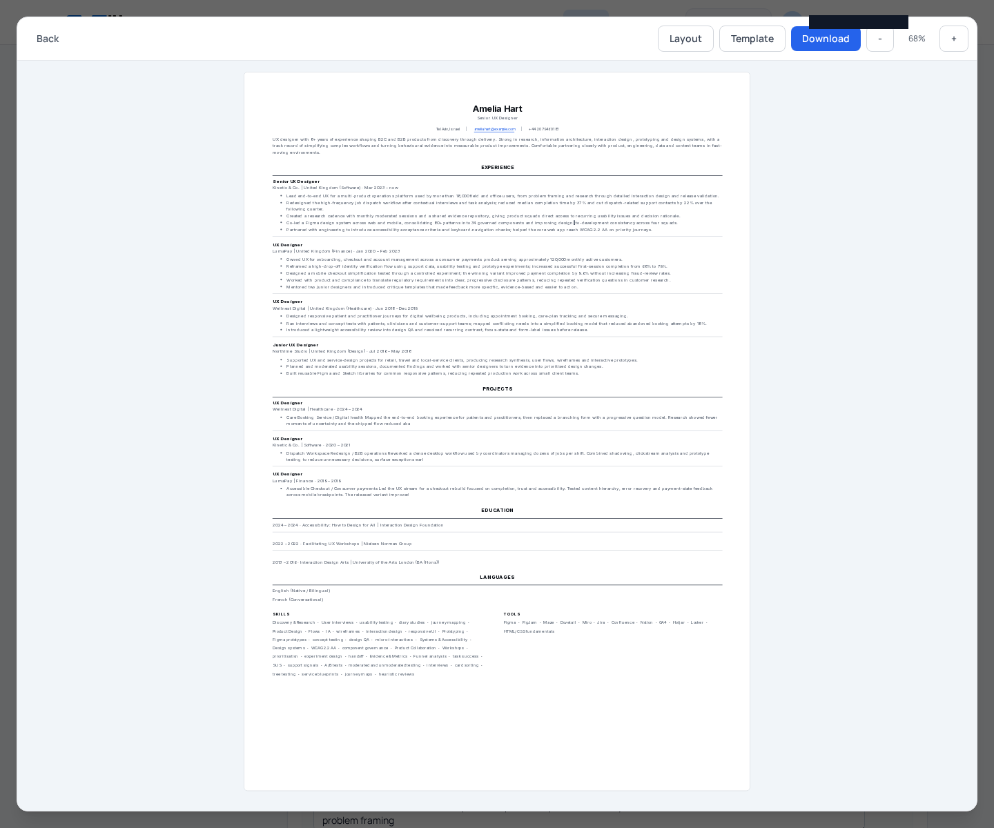 The preview shows how showing or hiding sections changes the finished CV layout