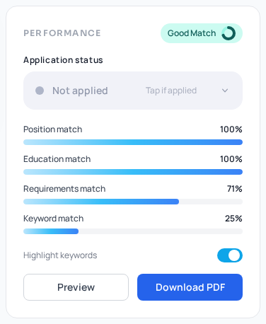 The finished CV editor surfaces match signals so you can review role evidence, education, requirements, and keyword coverage