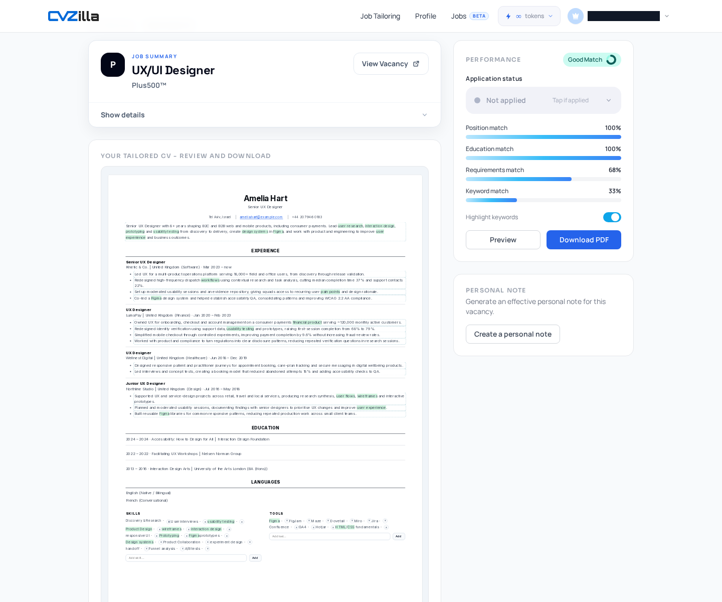 The tailored CV workspace shows match signals so you can check role evidence, requirements, and keyword fit.