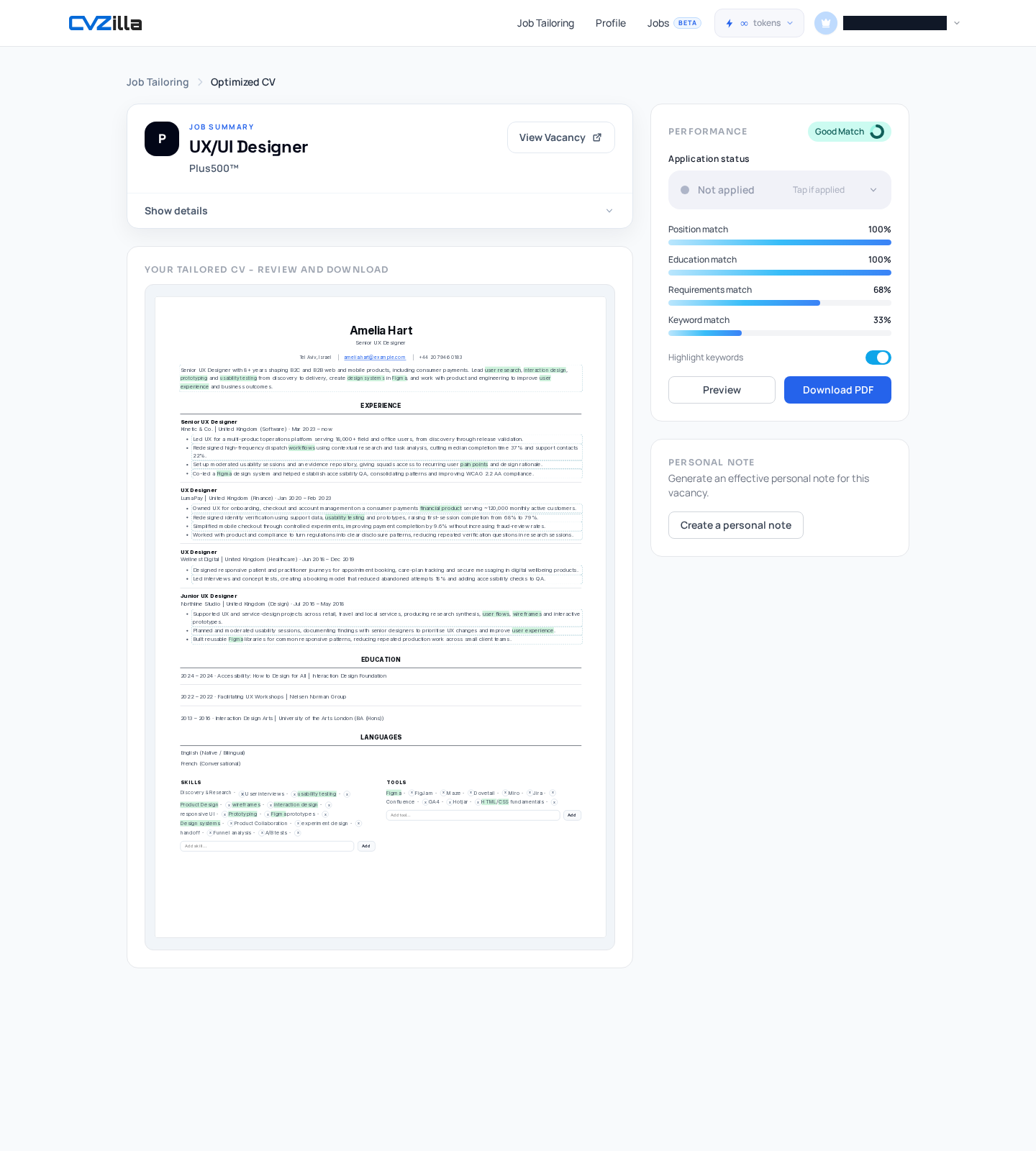 The tailored CV editor shows vacancy context and review controls so the draft can be checked against the job