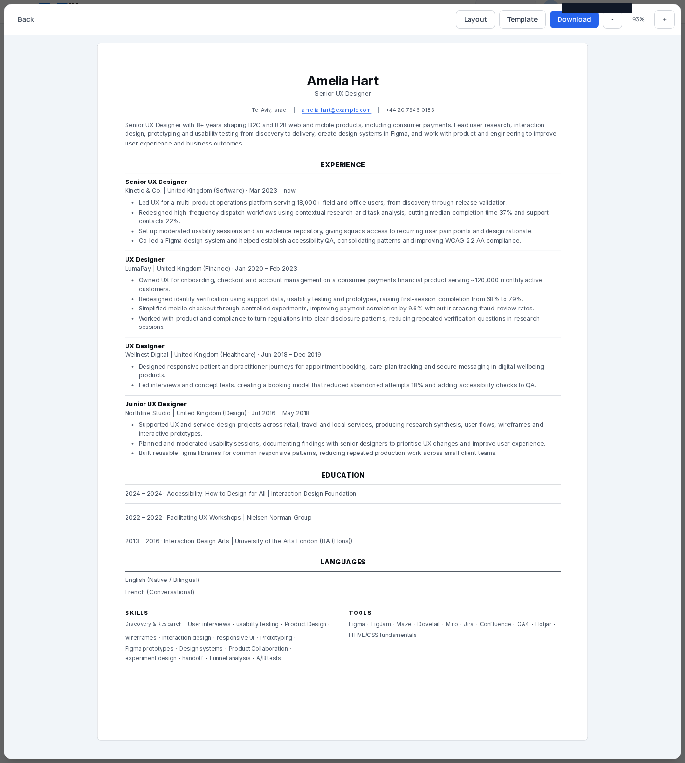 The tailored CV editor shows matched, partial, and missing requirements with supporting evidence, making it easier to keep embedded claims truthful before export.