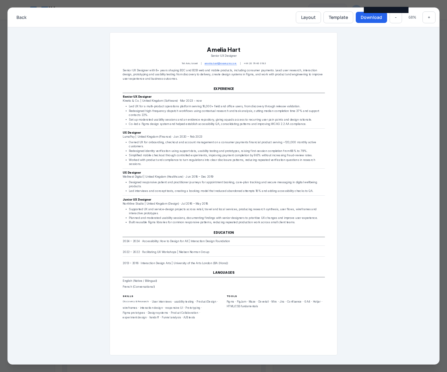The rendered CV preview shows the final version as a recruiter would read it, which is the last check before download or application
