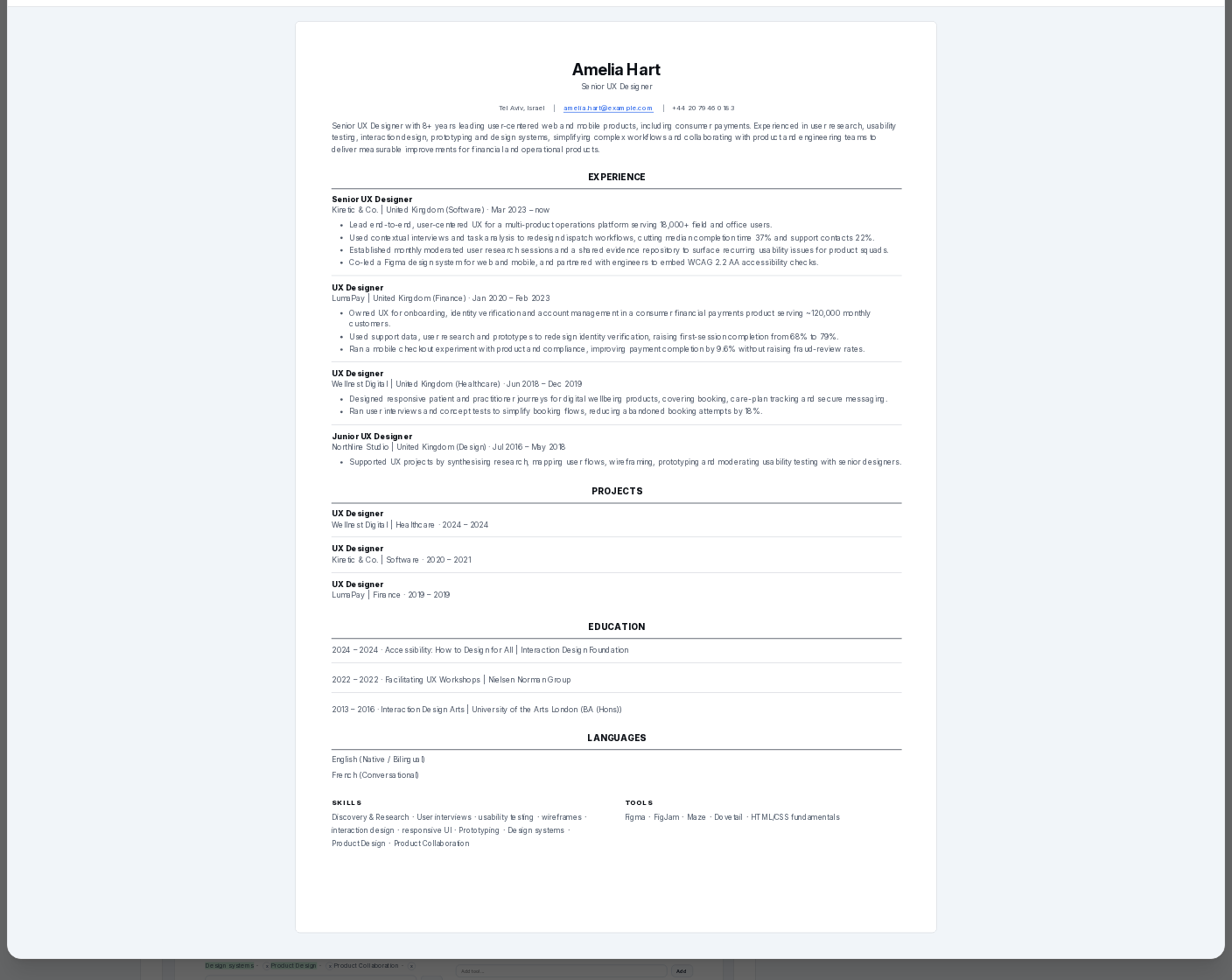 The rendered preview shows how the CV will read before export, which is the last check for layout and remote-fit clarity