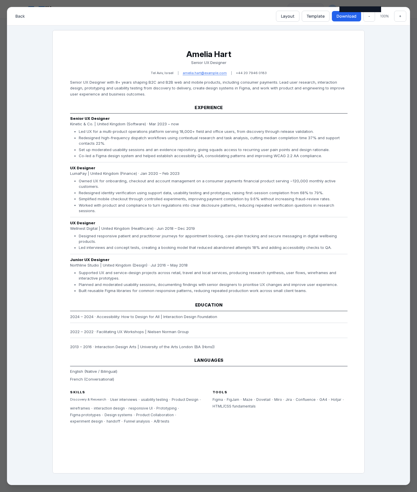 The rendered CV preview lets you inspect the finished application before you submit it.