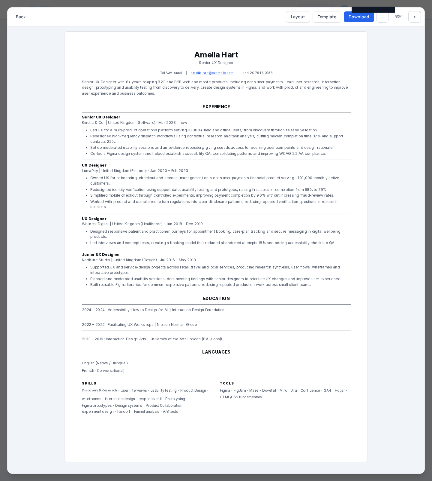 The tailored CV preview shows the finished application version so you can check relevance and accuracy before applying