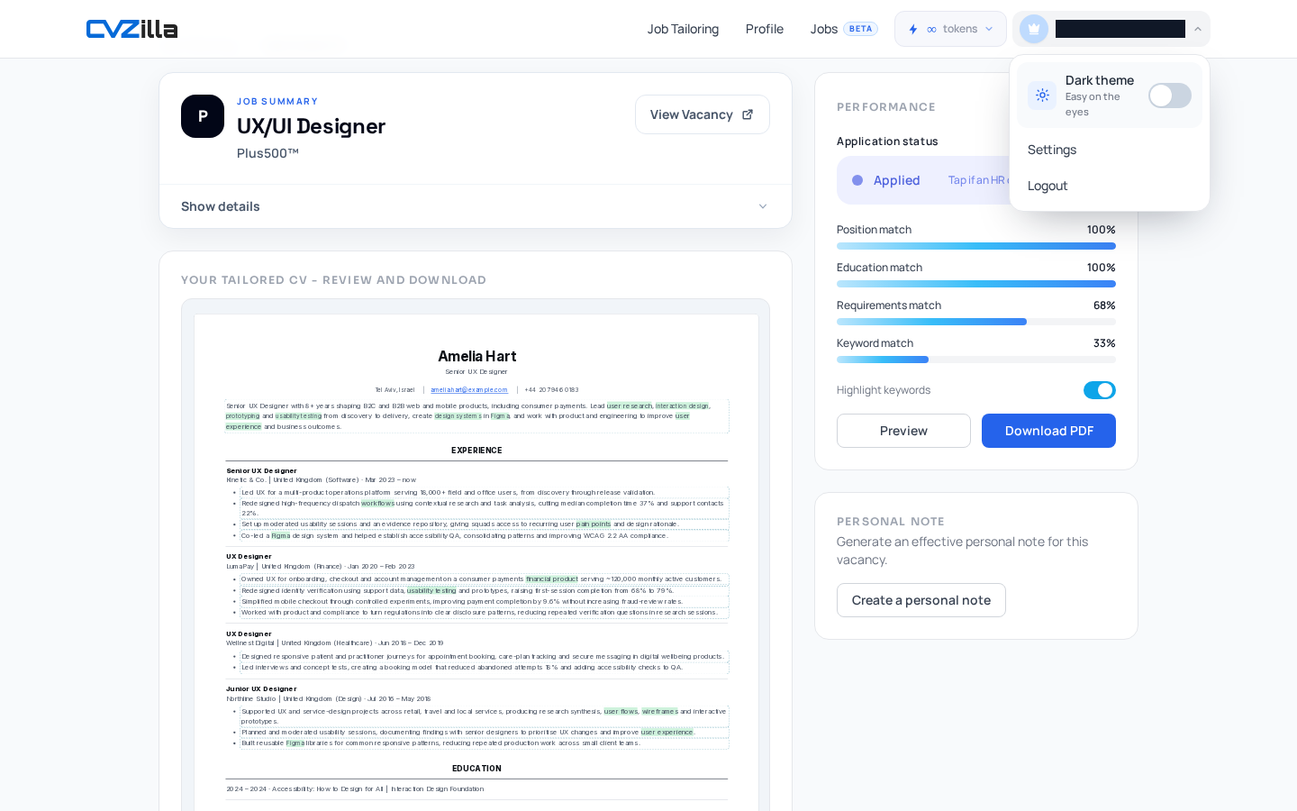 The finished result shows requirement match states and supporting evidence in the tailored CV review
