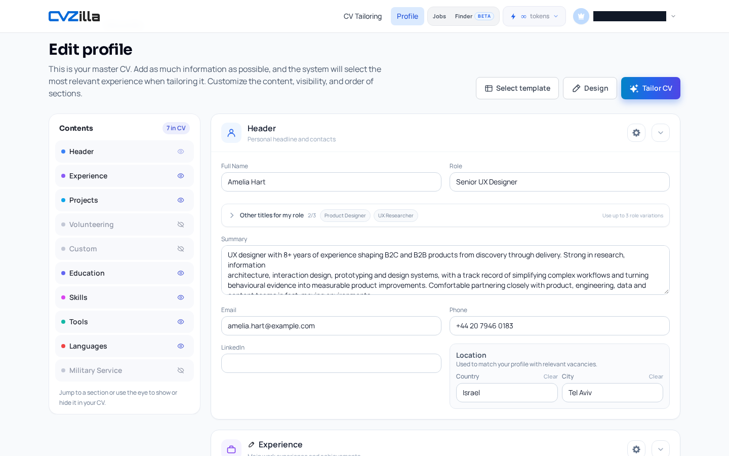Master Profile shows the base details Finder relies on before you browse vacancies